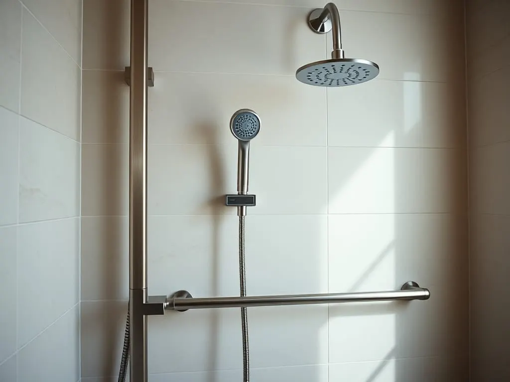 A hand-held shower head on a slide bar next to a fixed head, with a grab bar on the same tiled wall