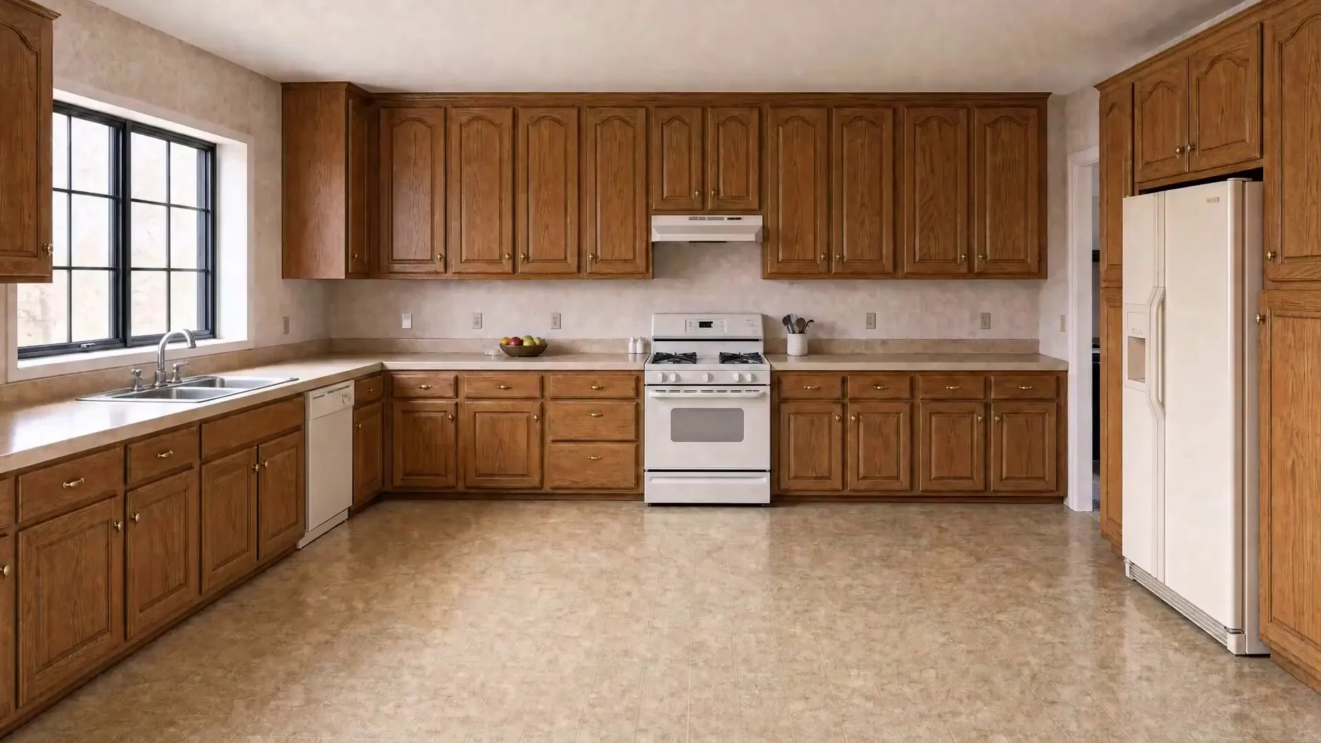 A kitchen remodel from dated oak cabinetry to a finished navy-and-cream kitchen with a white quartz island and brass pendant lighting